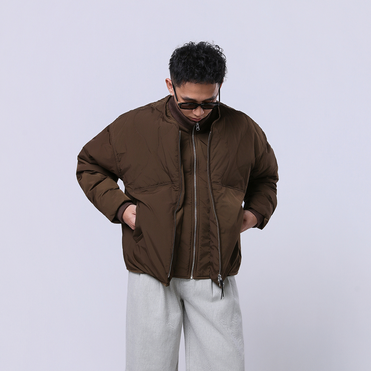 Y ForHomme-”90白鸭绒“双拉链假两件毛织立领秋冬保暖羽绒外套