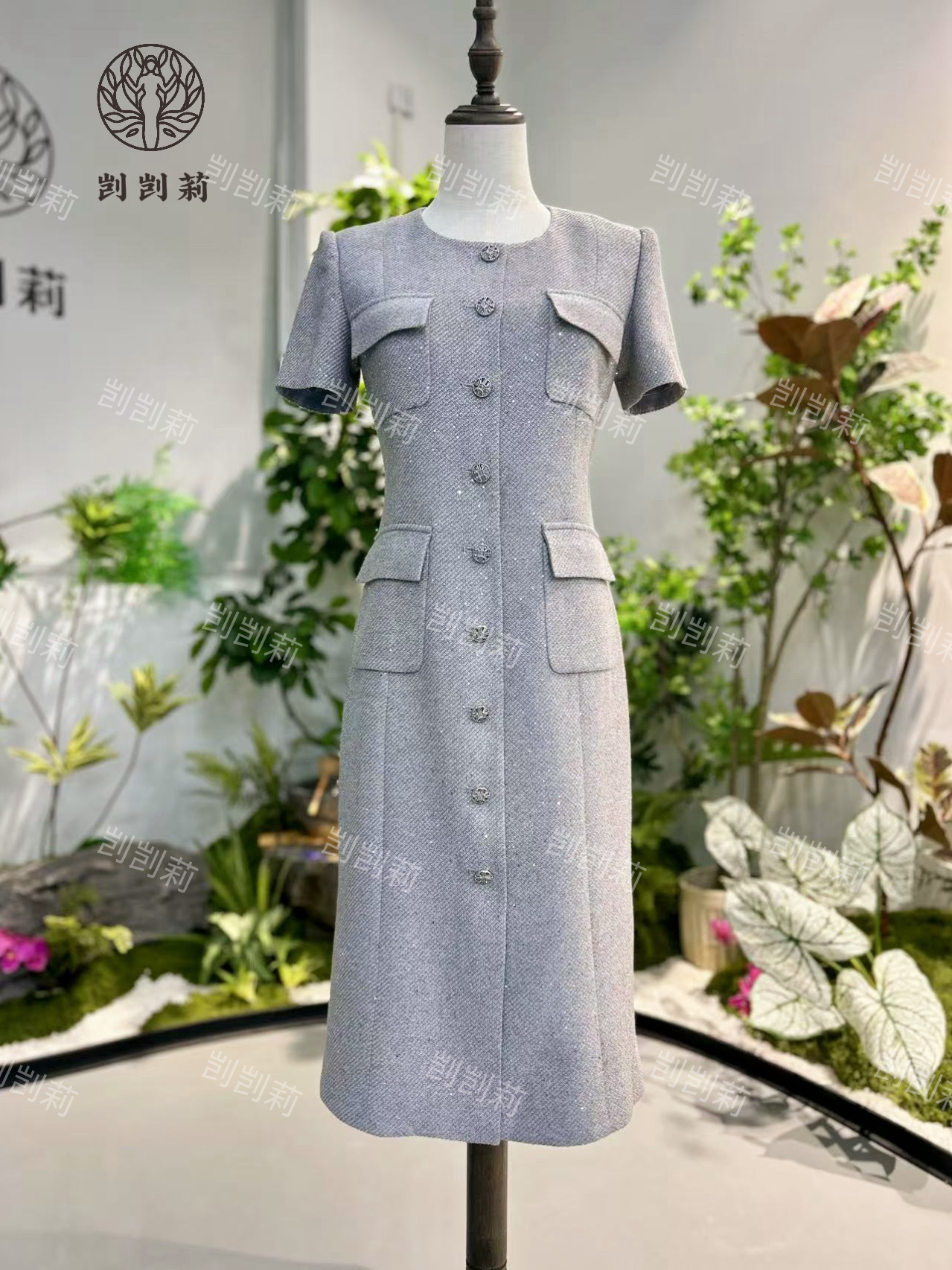 剀剀莉（星空长款）新款醋酸莱赛尔桑蚕丝绵羊毛混纺银灰色连衣裙