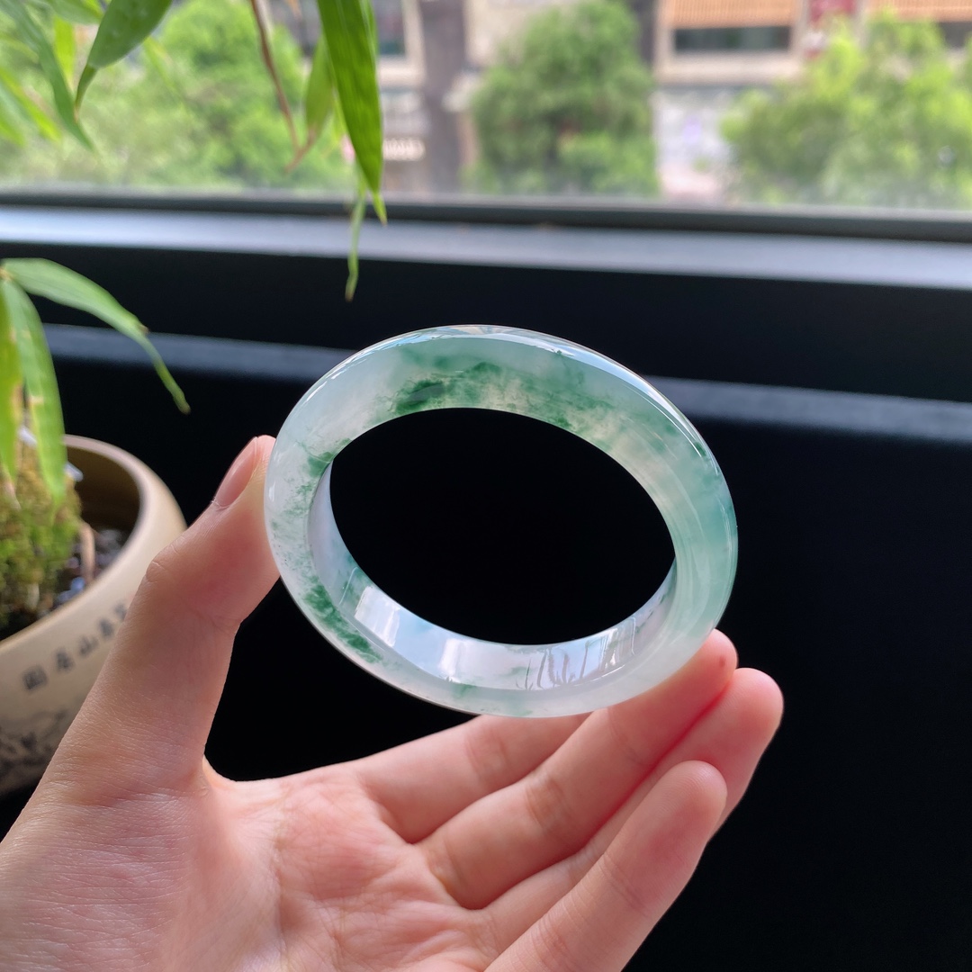 好色珠宝  圈口52缅甸老坑A货冰种飘花正圈女款翡翠手镯