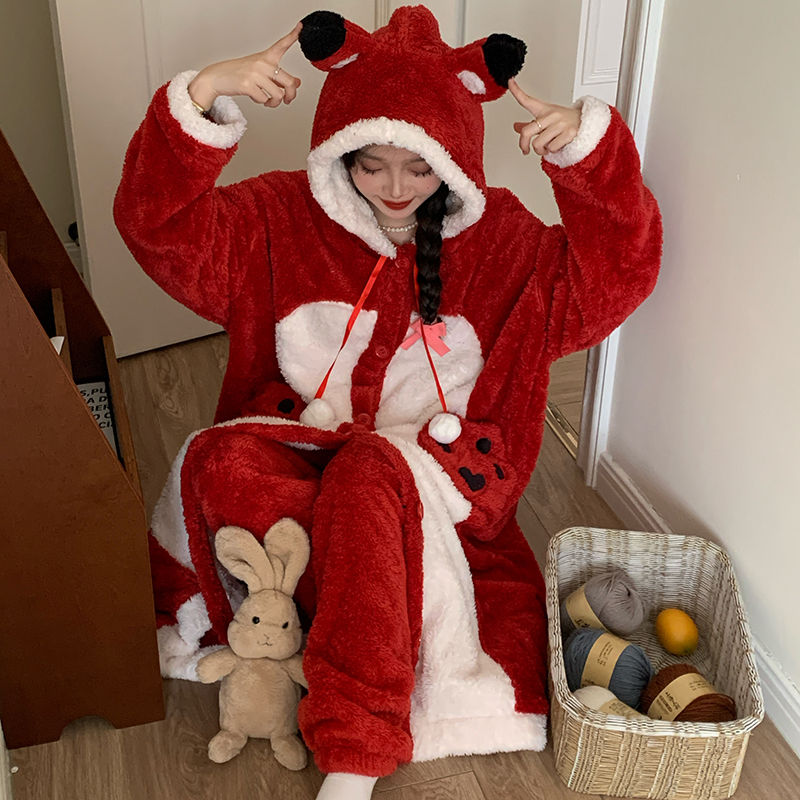 睡衣长款保暖冬季刺绣狐狸家居服睡袍加厚甜美加绒套装秋冬季睡裙