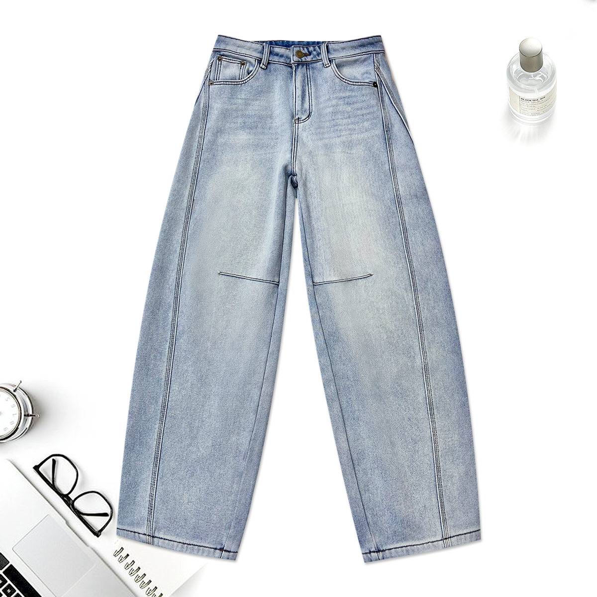 2025新款浅色定制高级牛仔裤加绒保暖洗水重工蓝色弯刀裤百搭
