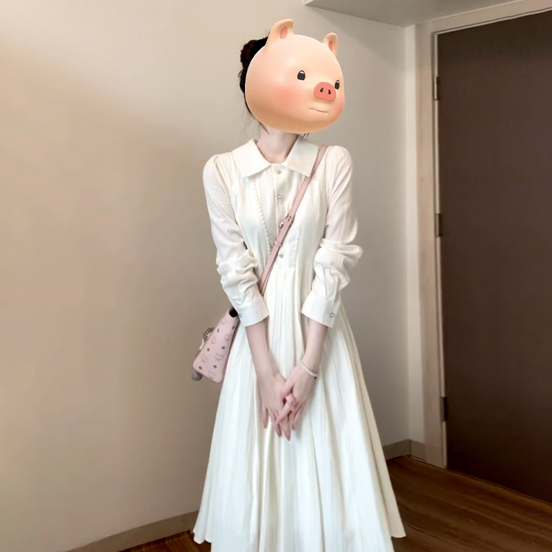 1931法式温柔白色长袖衬衫连衣裙子女2025新款季绝美气质收腰长裙