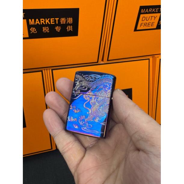 首领CF1350L四面龙凤熏蓝系列纯黄铜复古精雕老式砂轮煤油打火机