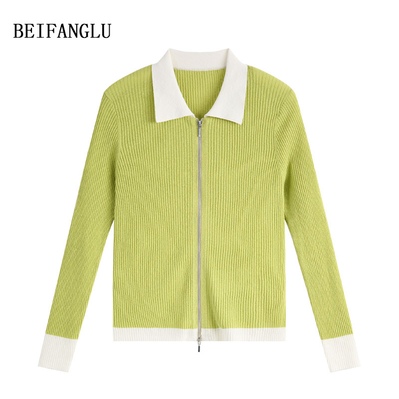 北方鹿【呼吸感舒适亚麻棉】春夏气质撞色翻领拉链坑条针织开衫1702