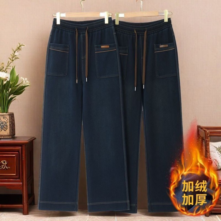 秋冬加绒加厚牛仔裤女高腰弹力显瘦窄版直筒休闲妈妈裤复古水洗