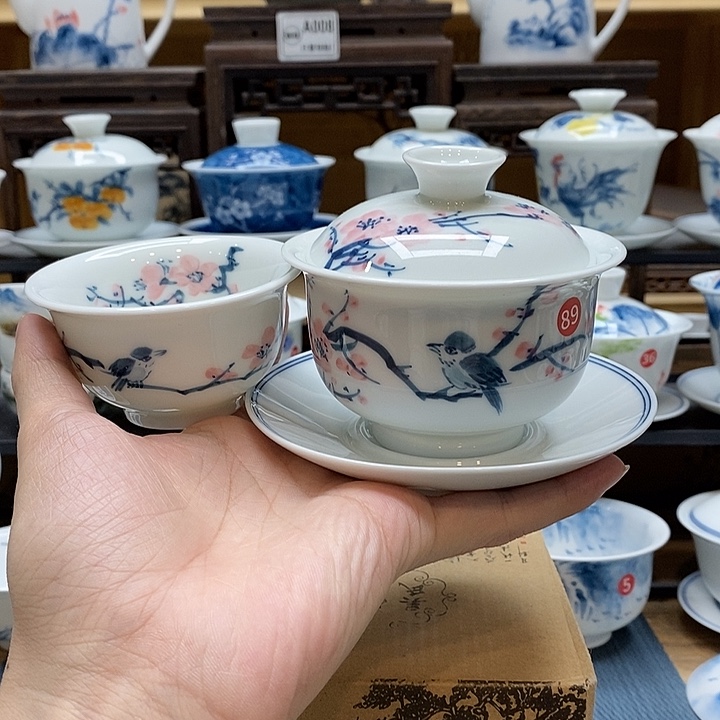 手绘喜上梅梢盖碗160cc➕同款永乐杯压手釉下彩微瑕福利款
