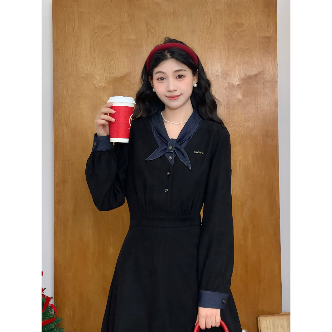 张汽水法式黑色复古小众时尚气质长裙收腰女装赫本风DY2025267