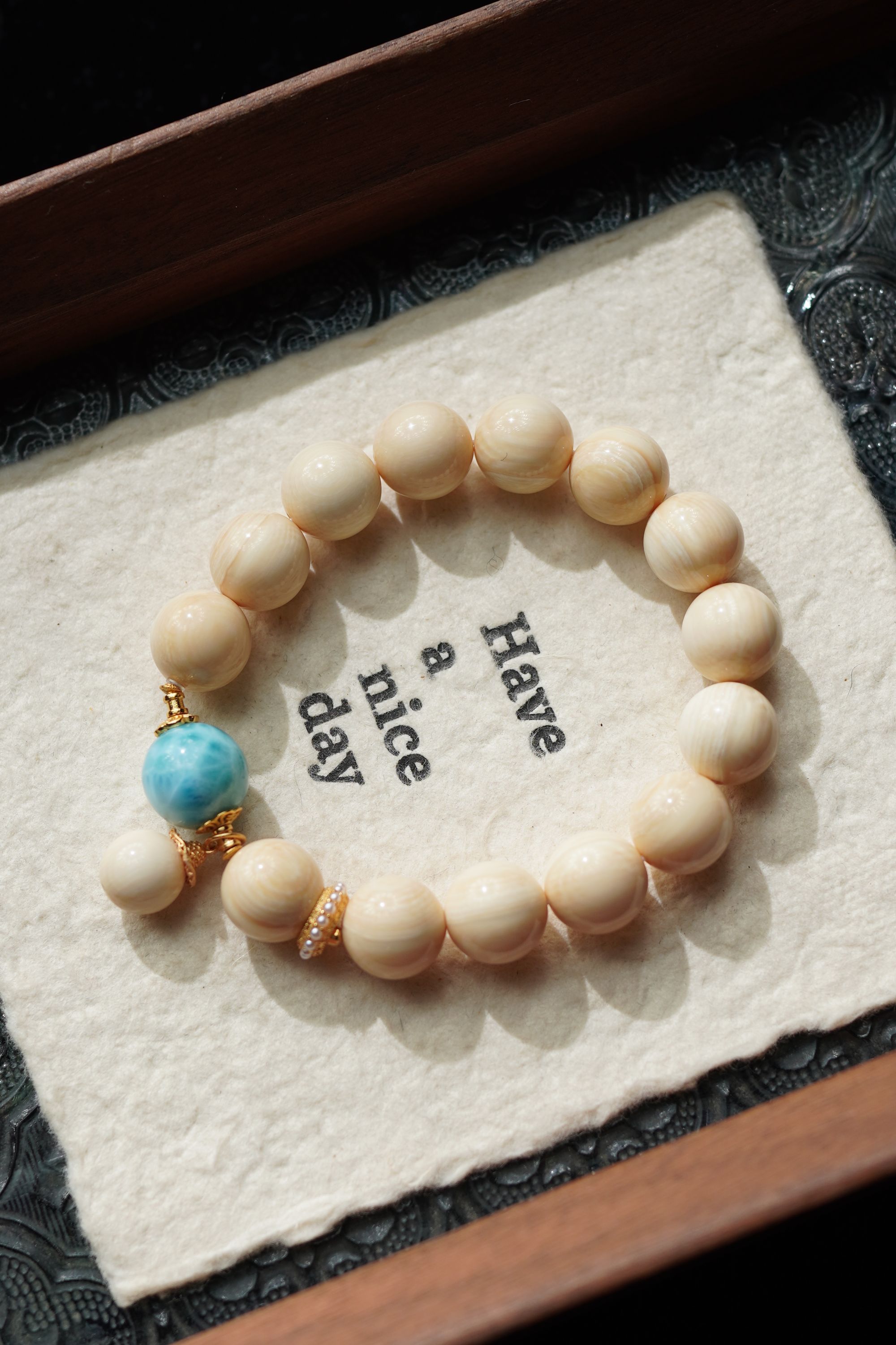 格陵兰 天然猛犸牙油膏料12mm圆珠顶珠12mm单圈手串