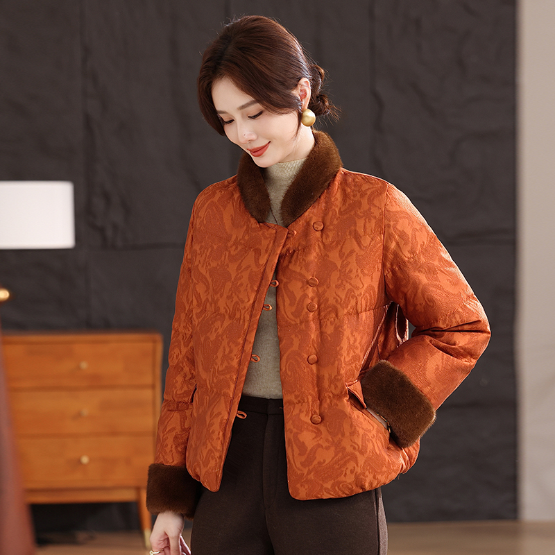 国风女装短款单排扣休闲百搭保暖长袖羽绒棉服复古拉链时尚立领