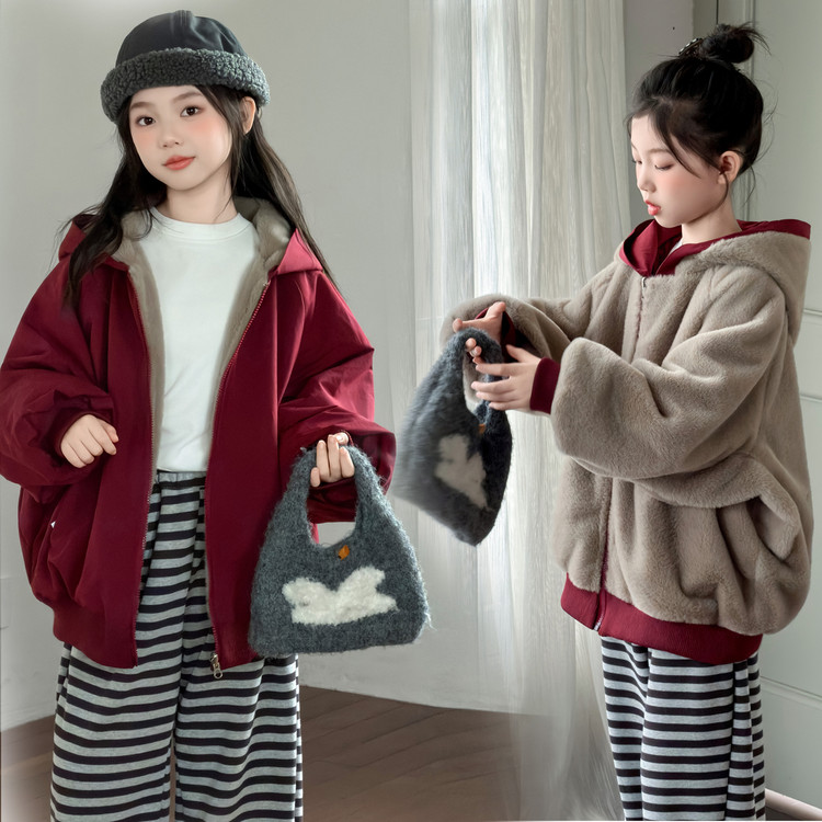 女童2025新款韩版冬季纯色连帽宽松外套