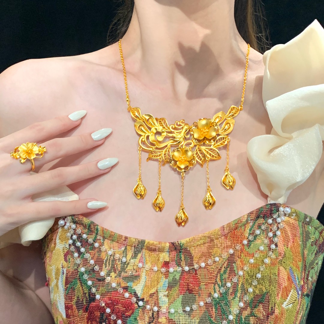 铜合金项链 新款仿黄金色凤凰花流苏项链精美新娘婚嫁假三金首饰