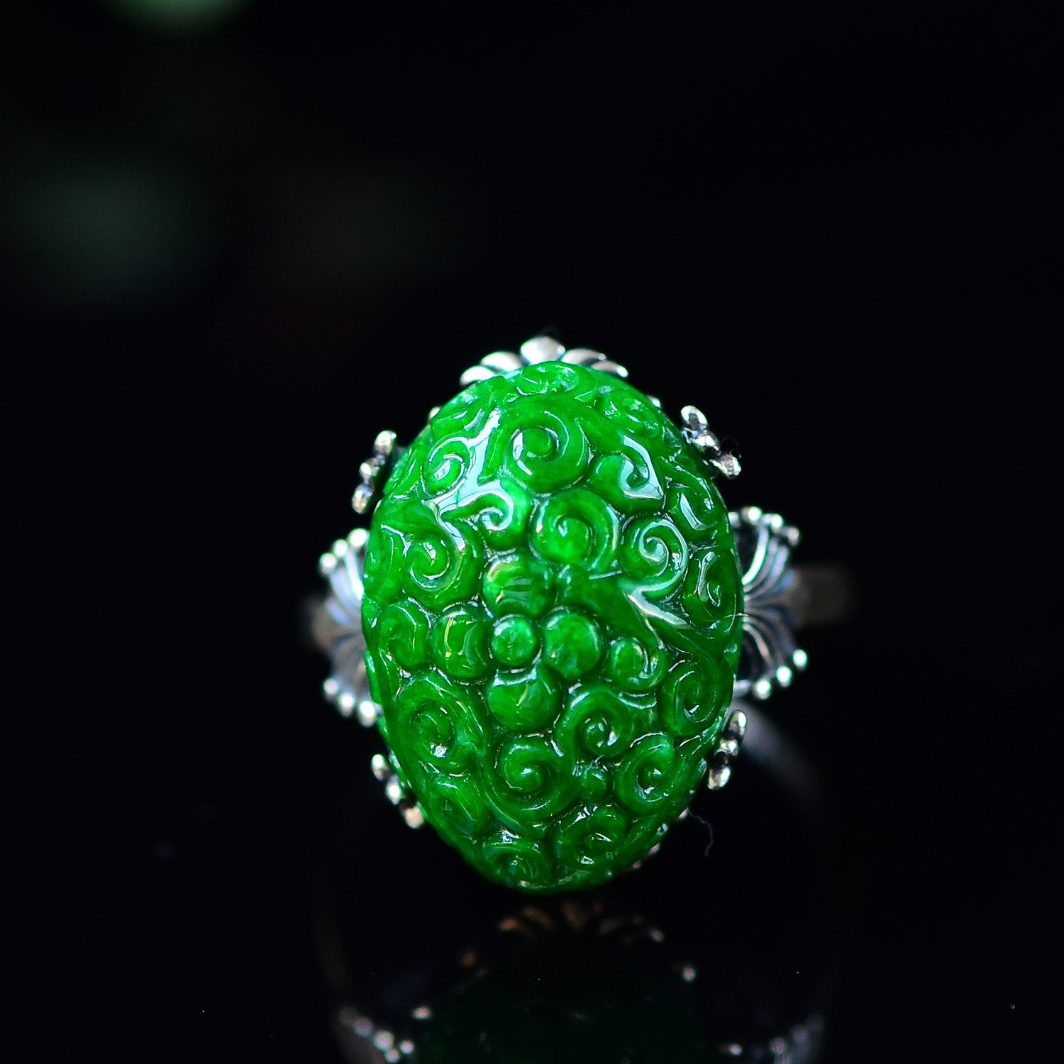 天然A货翡翠花青925老银镶嵌戒指尺寸20.9/14.8/7.7