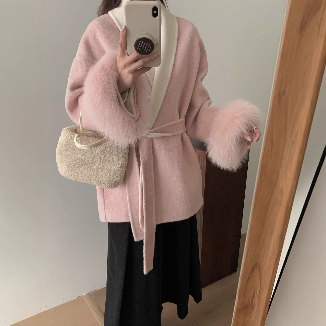 女款秋冬冬季女装新款毛毛袖小香风毛呢小个子浴袍双面大衣气质女