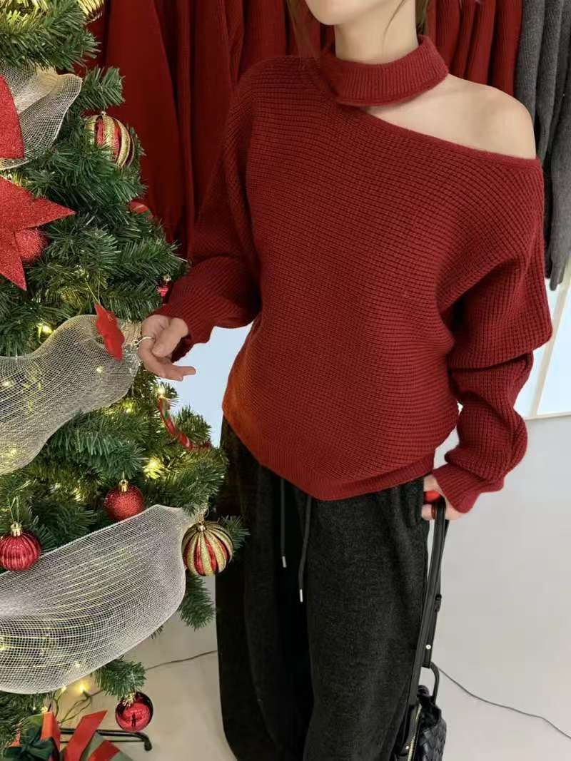 冬上新！战袍韩系华夫格纹理针织衫挂脖镂空露肩洋气加厚保暖毛衣