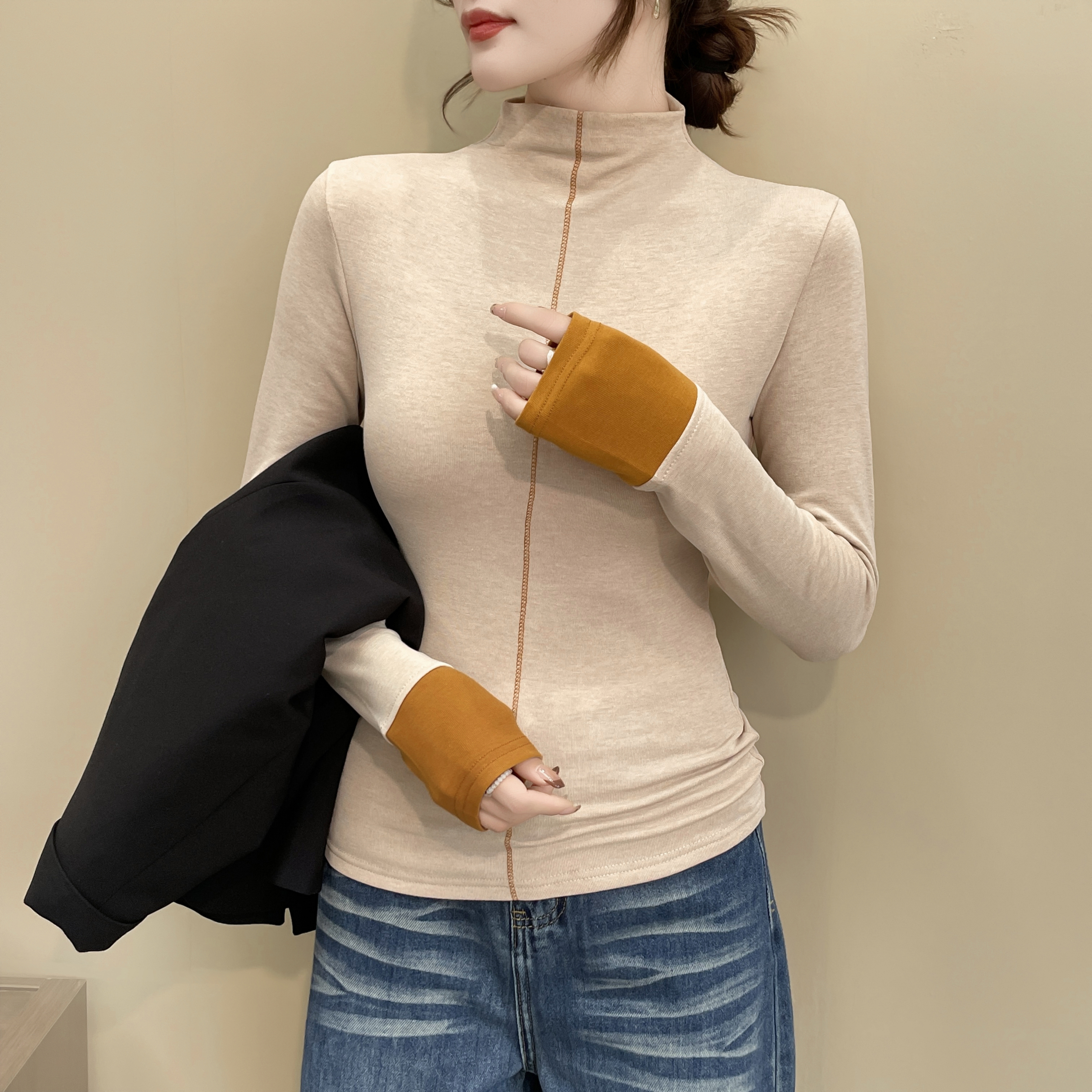 拼色磨毛加绒半高领打底衫上衣女t秋冬新款修身显瘦韩版时尚通勤T