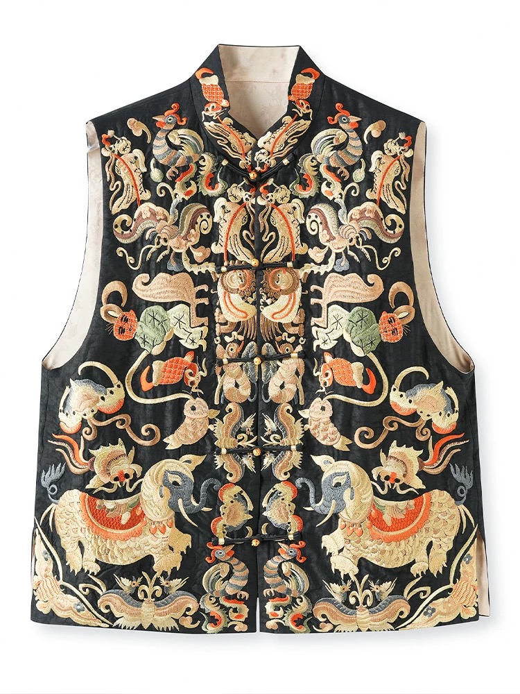 FSSIA锦绣丨双面穿国风复古100桑蚕丝香云纱重工绣花马甲MG-1388