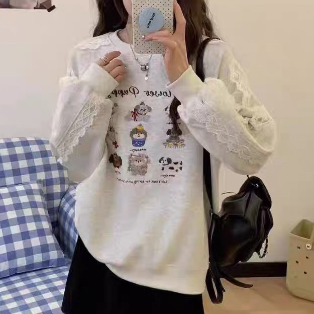 韩国东大门狗狗刺绣圆领蕾丝秋季长袖慵懒风薄款百搭卫衣上衣刺绣