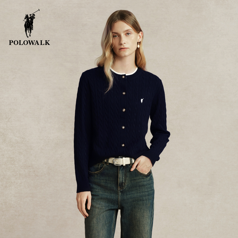 POLOWALK长袖针织衫女秋冬新款针织开衫绞花毛衣外套CBTW43580432