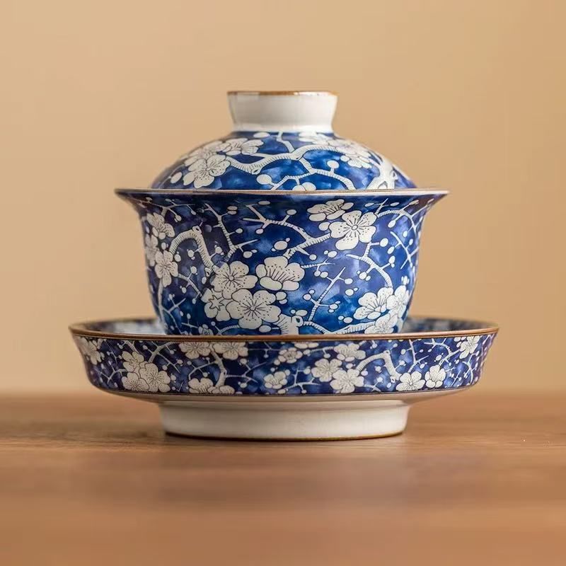 仿宋汝窑青花冰梅_元宝大三才盖碗【简装】