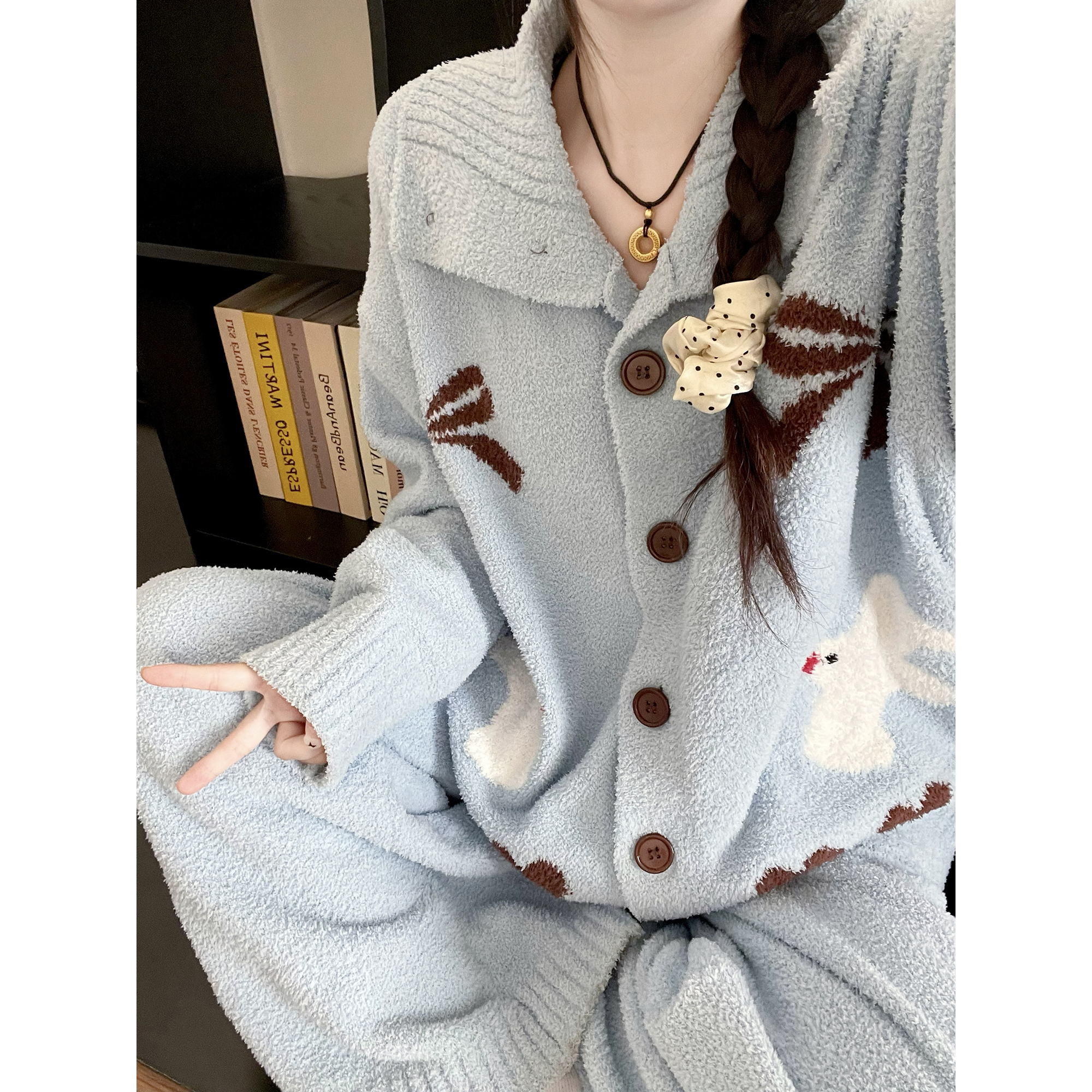 慵懒感可爱白鸽印花半边绒睡衣女冬季新款加绒保暖家居服套装冬