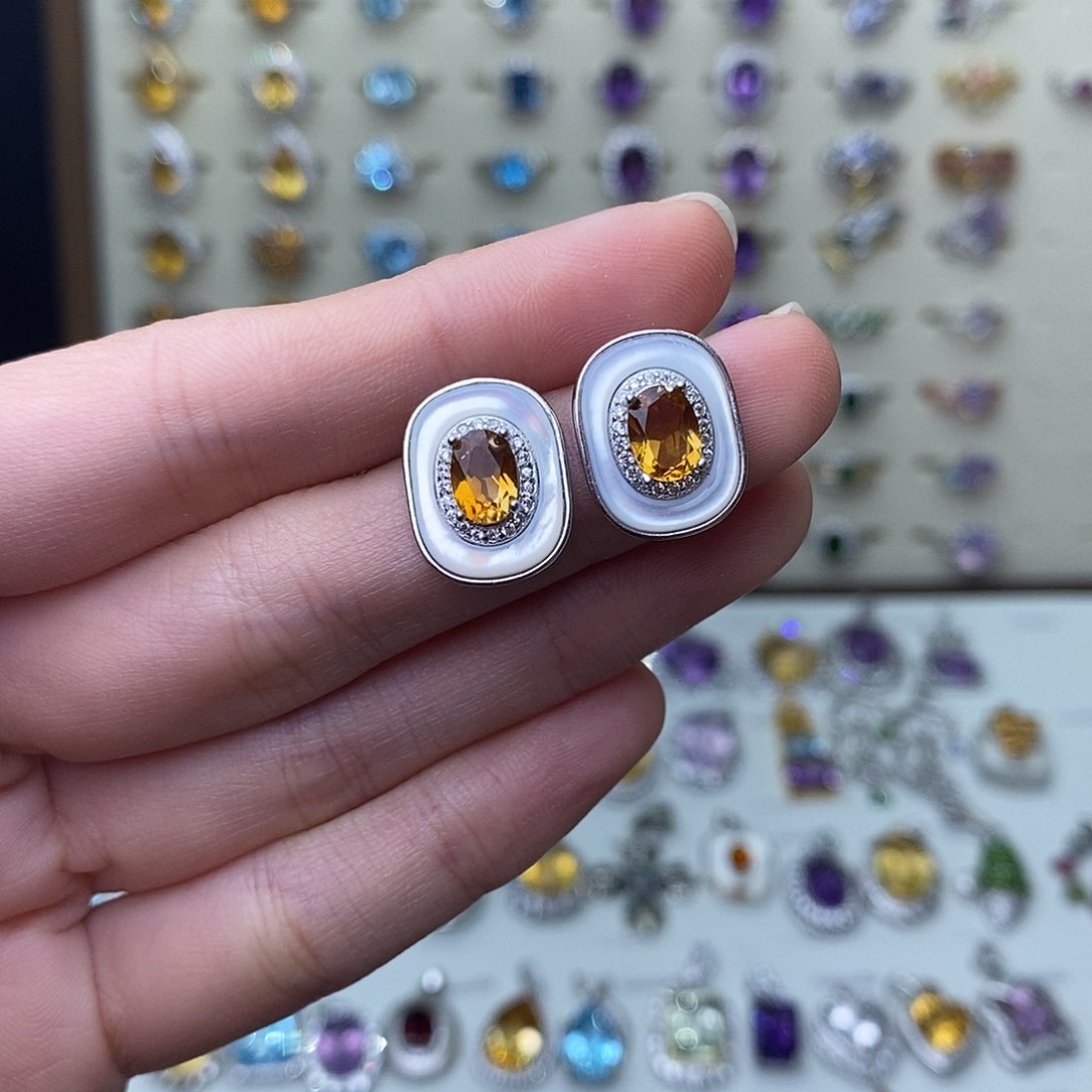 黄晶耳饰银S925镶嵌（需要证书备注）