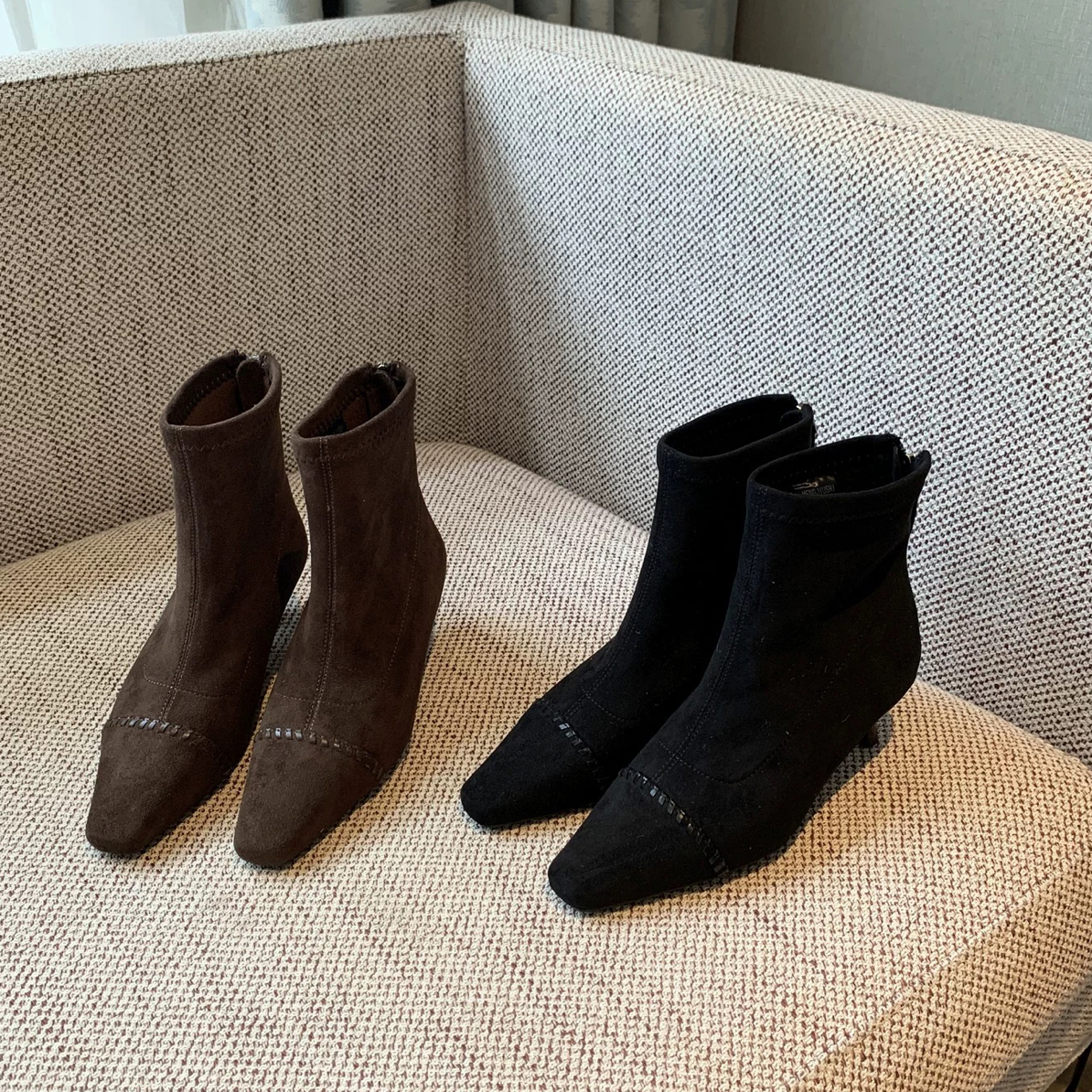 85320尖头短靴女4CM细跟气质绒面百搭后拉链中跟显瘦时装女靴子X