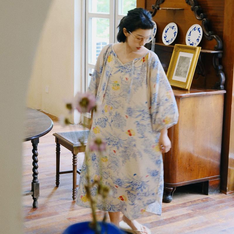 法式长裙夏季梭织纯棉睡裙40支100精梳棉纱布睡衣女网红JH