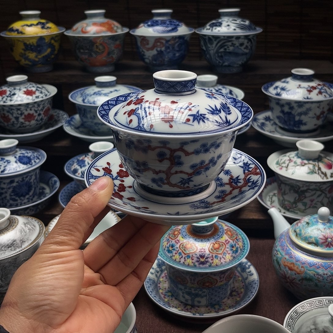 摆件陶景德镇陶瓷三才盖碗