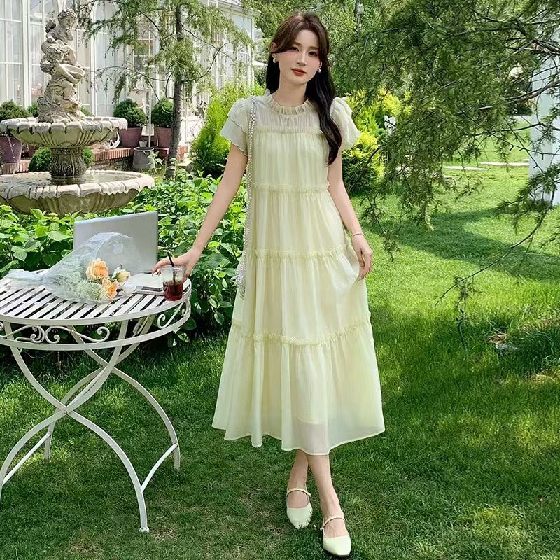 2025夏季新款法式小飞袖木耳边系带气质高级感仙女长裙HJ-2138