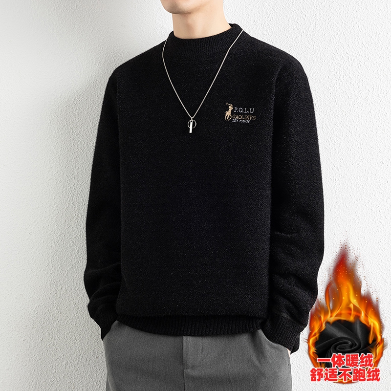 加绒毛衣男厚款冬季一体绒半高领保暖上衣打底衫休闲宽松针织衫