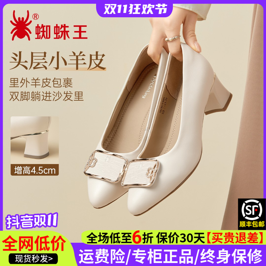 蜘蛛王女鞋正品2025新款秋季羊皮真皮百搭粗跟通勤尖头浅口21N251