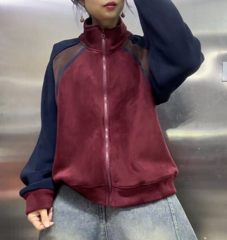 拉链加厚拼色双面绒外套026807