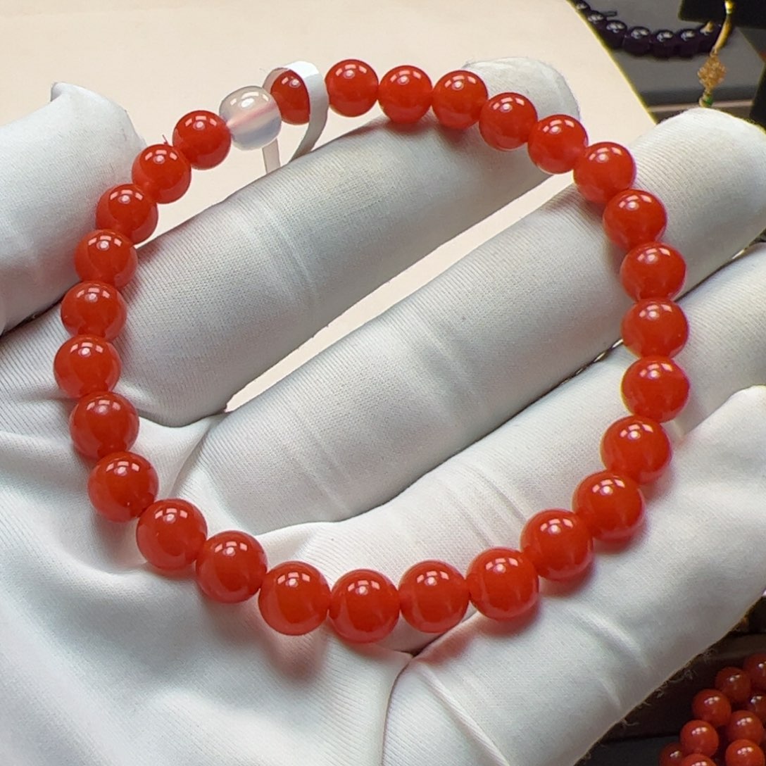南红玛瑙未镶嵌手串6.7mm原矿辣椒红手串