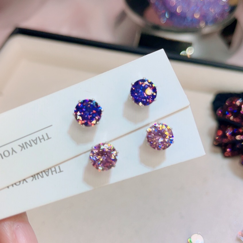 非金属莫桑石耳饰 500轻奢气质时尚款微镶耳钉两对粉色加紫色