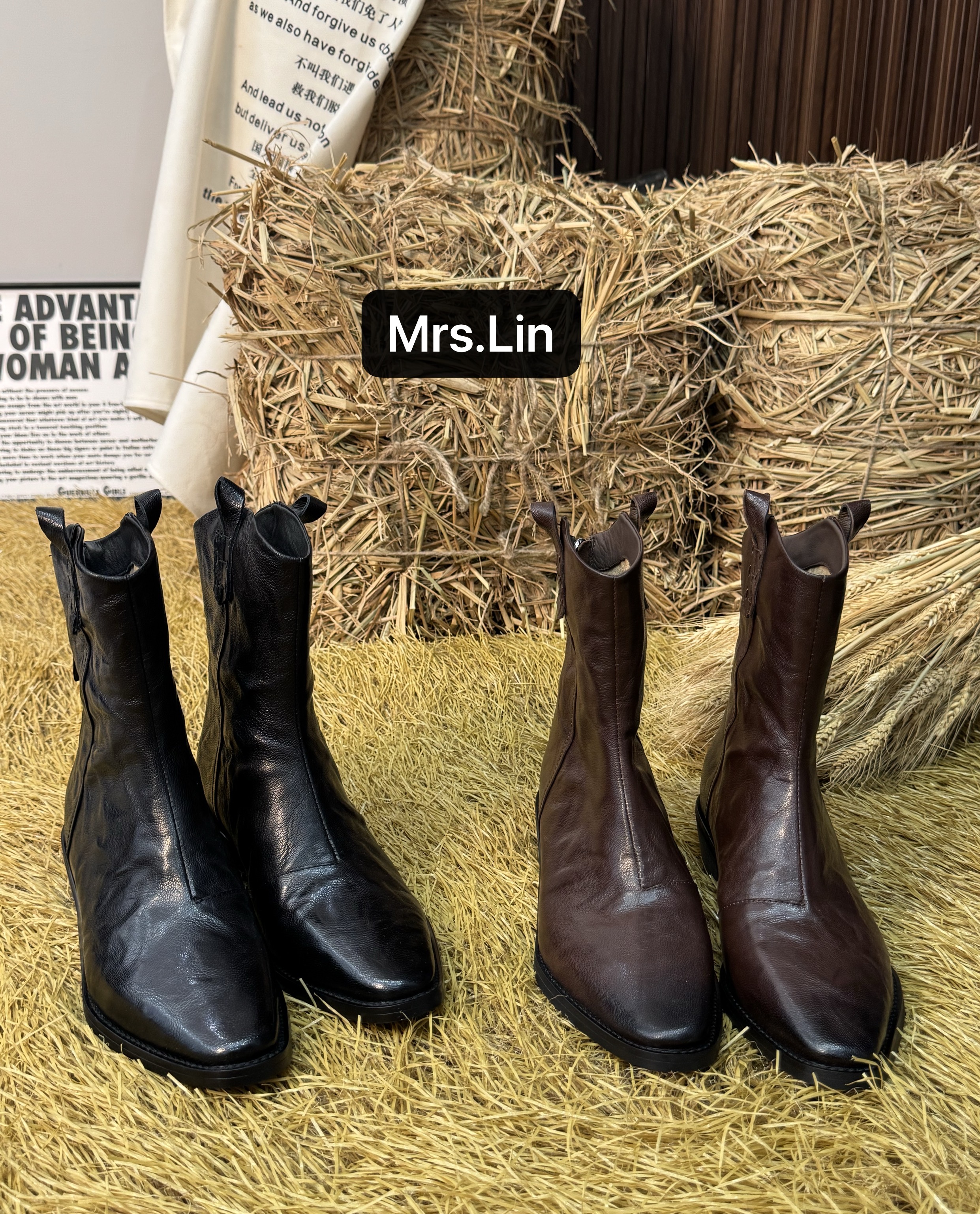 【Mrs'lin羊皮尖头西部牛仔靴4cm】复古做旧粗跟中筒女士短靴马丁靴