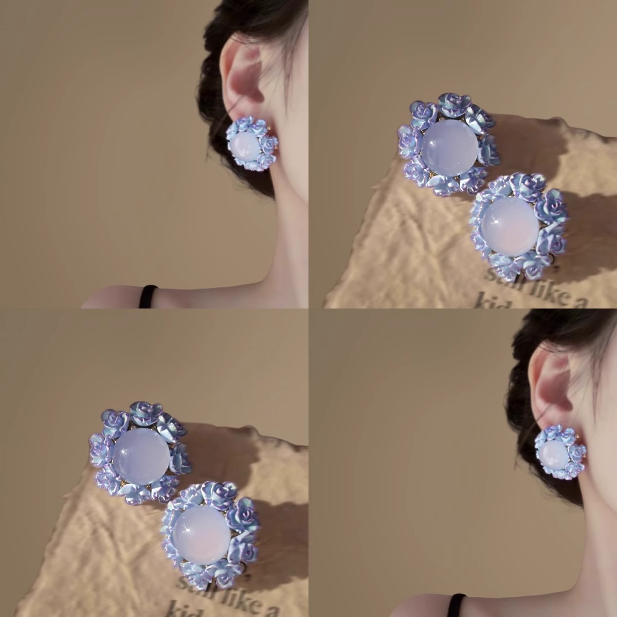 合金耳饰 8278蓝色花朵耳环！S62法式复古轻奢高级感耳饰