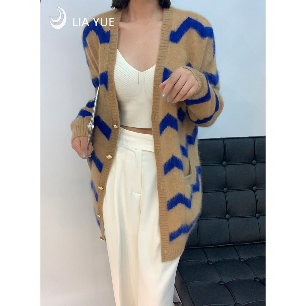 【俩月羊绒爆款】230138慵懒风时尚气质拼色条纹拉绒工艺羊绒开衫