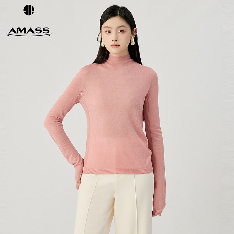 阿玛施AMASS 舒适百搭纯色半高领两侧竖纹薄款长袖针织衫538092