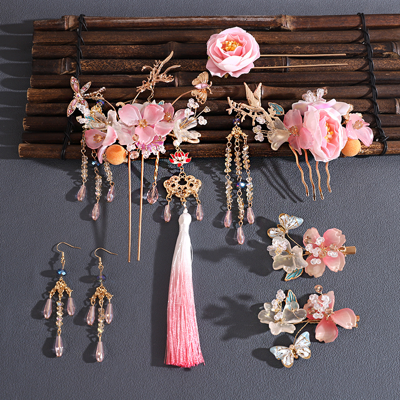汉服头饰粉色蔷薇发夹仙气流苏步摇发簪头花侧边发饰新娘晨袍头花