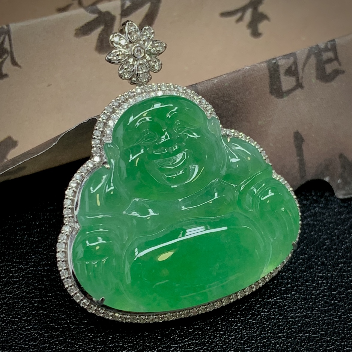 冰阳绿吊坠清爽感18K金镶嵌四会天然缅甸a货翡翠翡翠翡翠饰品