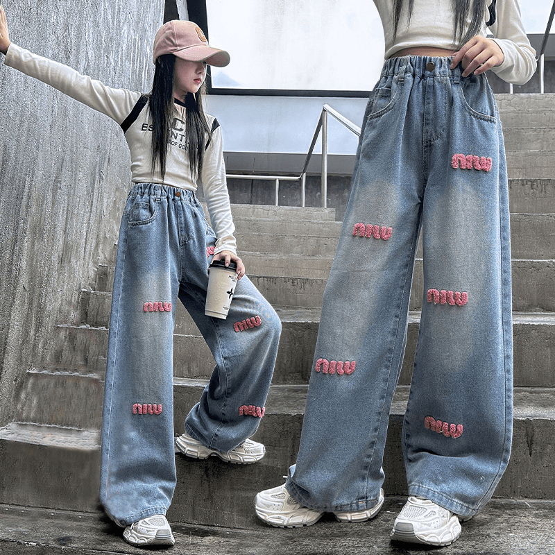 女童春秋牛仔裤新款洋气时髦毛巾绣女孩牛仔裤宽松阔腿裤韩系潮