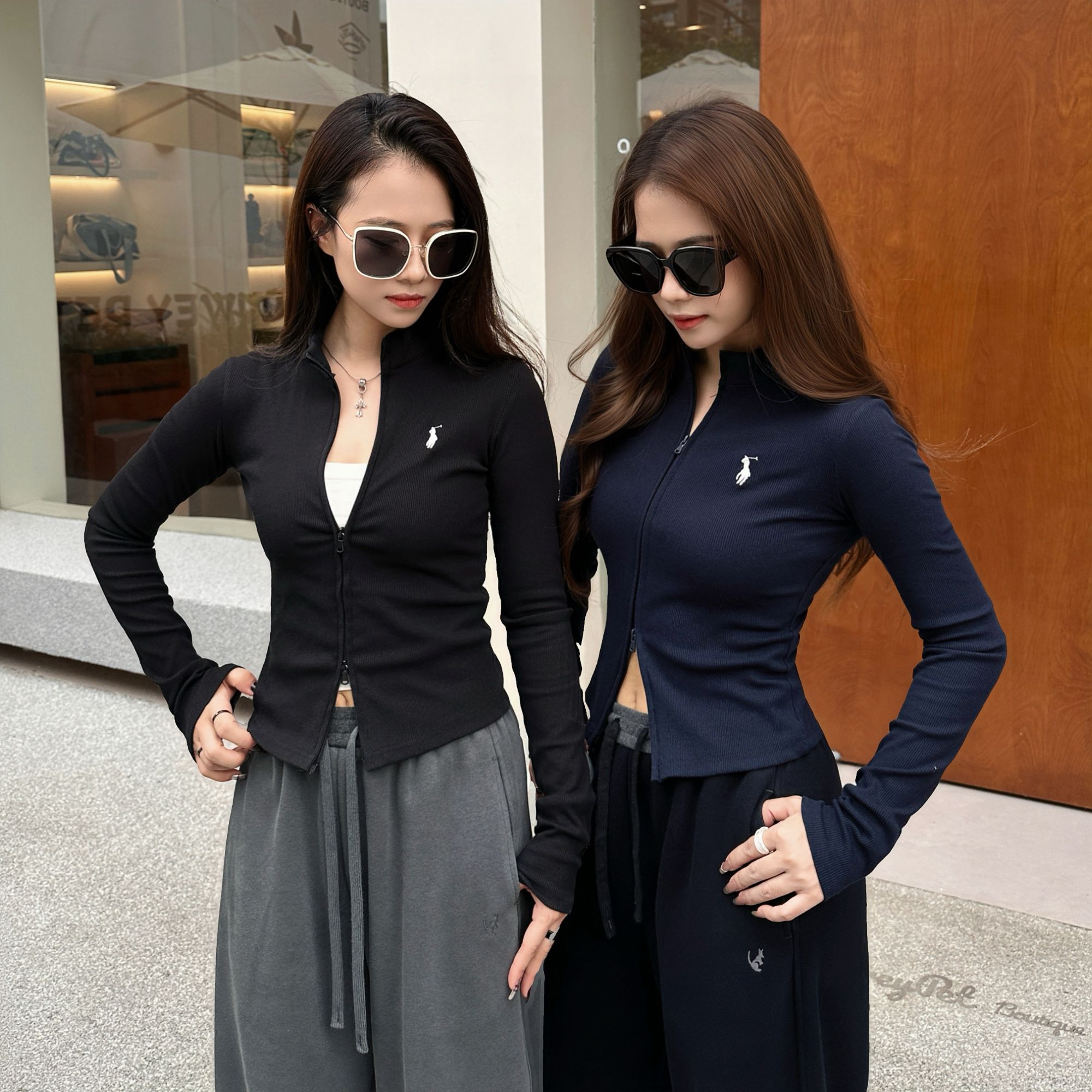La Chapelle拉链立领刺绣长袖T恤女春季设计感显瘦长袖上衣开衫