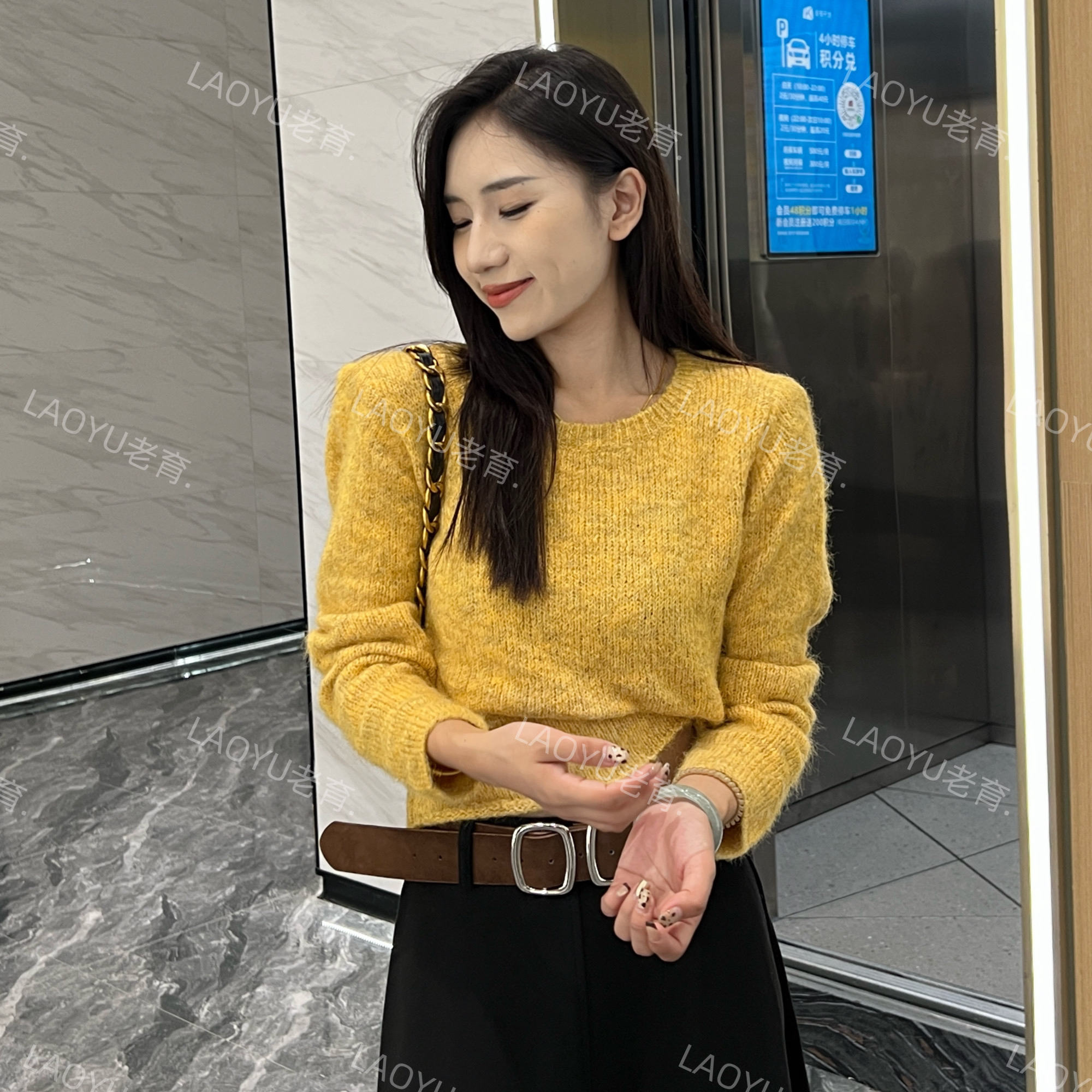 LAOYU（软糯毛衣）秋冬高级多巴胺宽松圆领针织毛衣上衣毛衣
