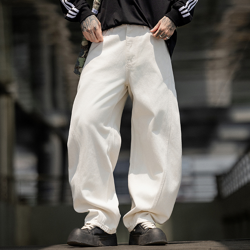 白色阔腿弯刀牛仔裤男潮牌宽松百搭长裤子vibe美式高街痞帅香蕉裤