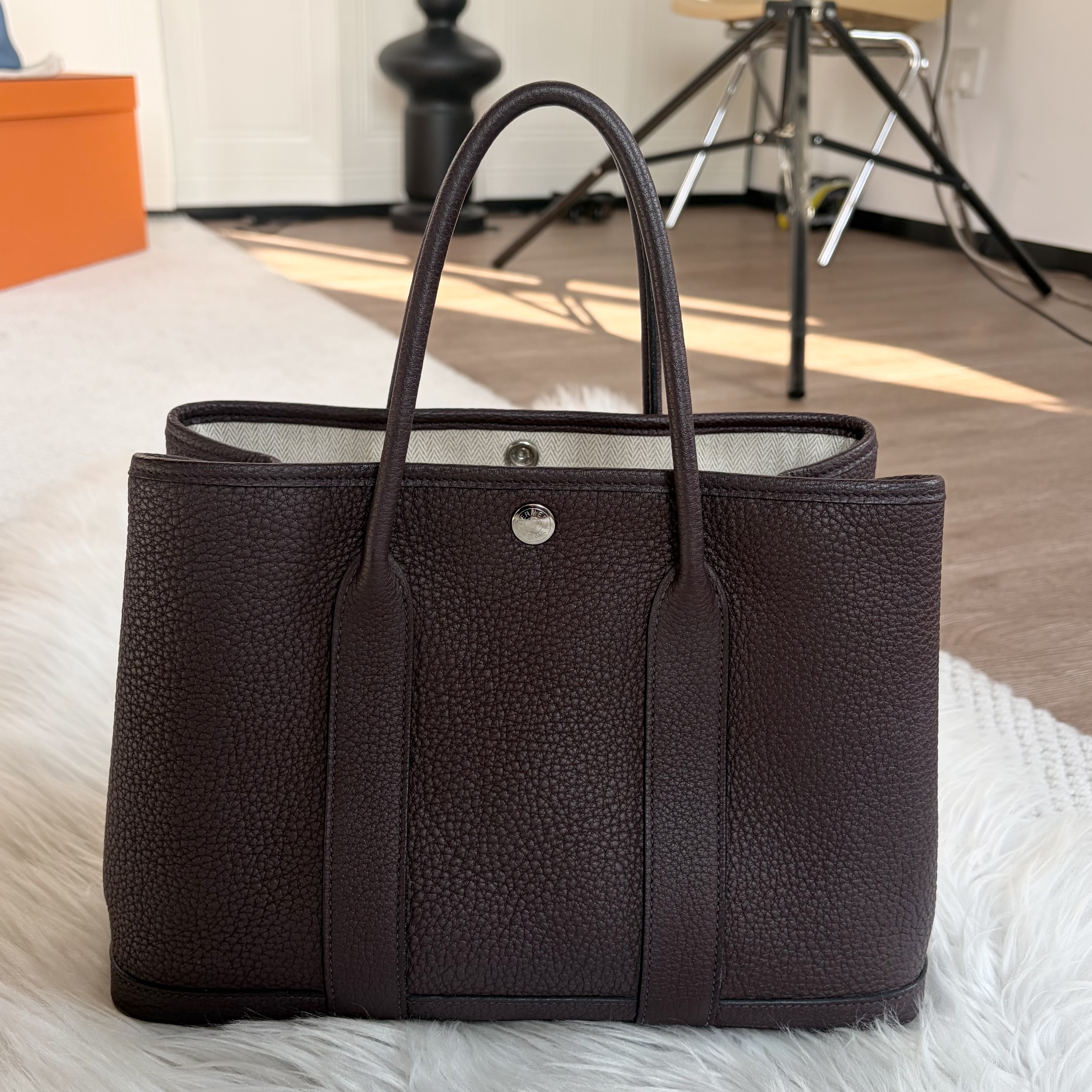 99新 Hermes/爱马仕 Garden party花园30马鞍红银扣 Z刻 