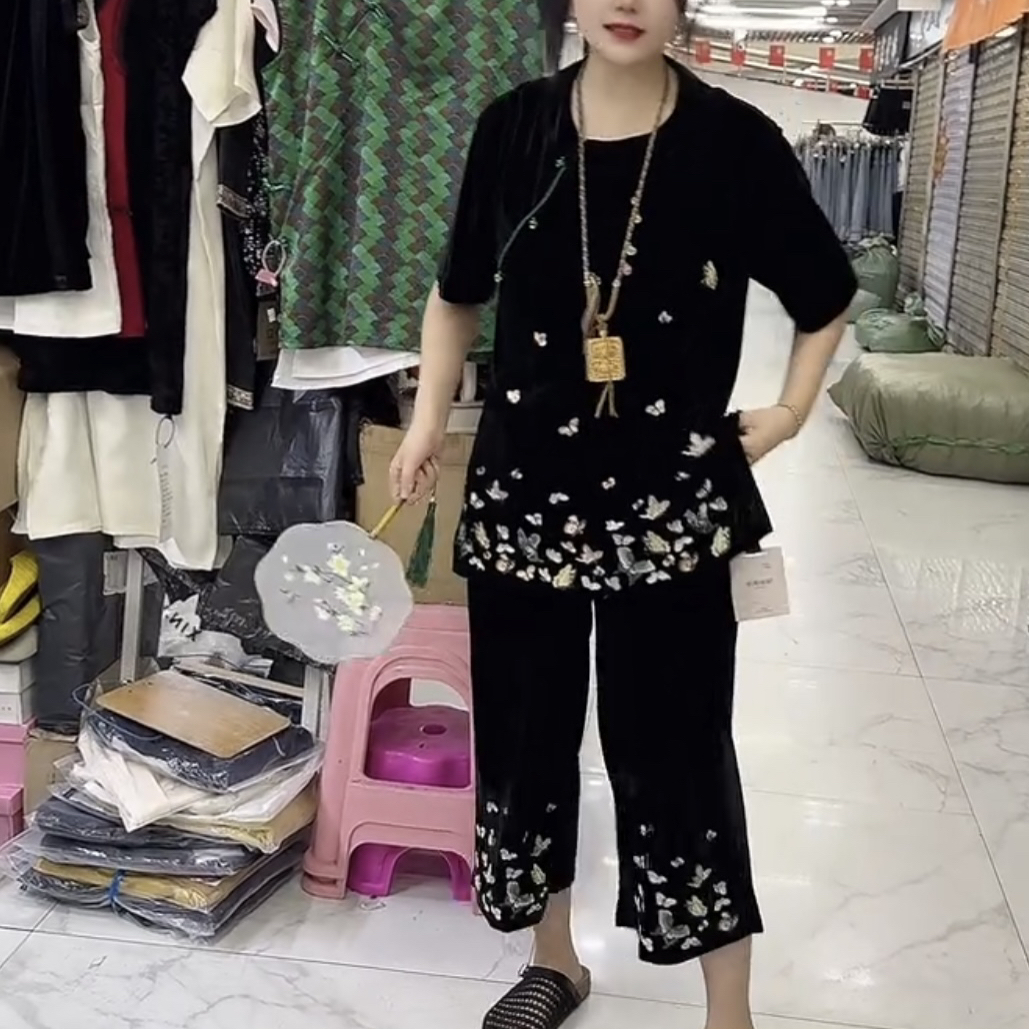 新中式蝴蝶刺绣丝绒短袖上衣女夏季宽松显瘦百搭时尚气质网红洋气
