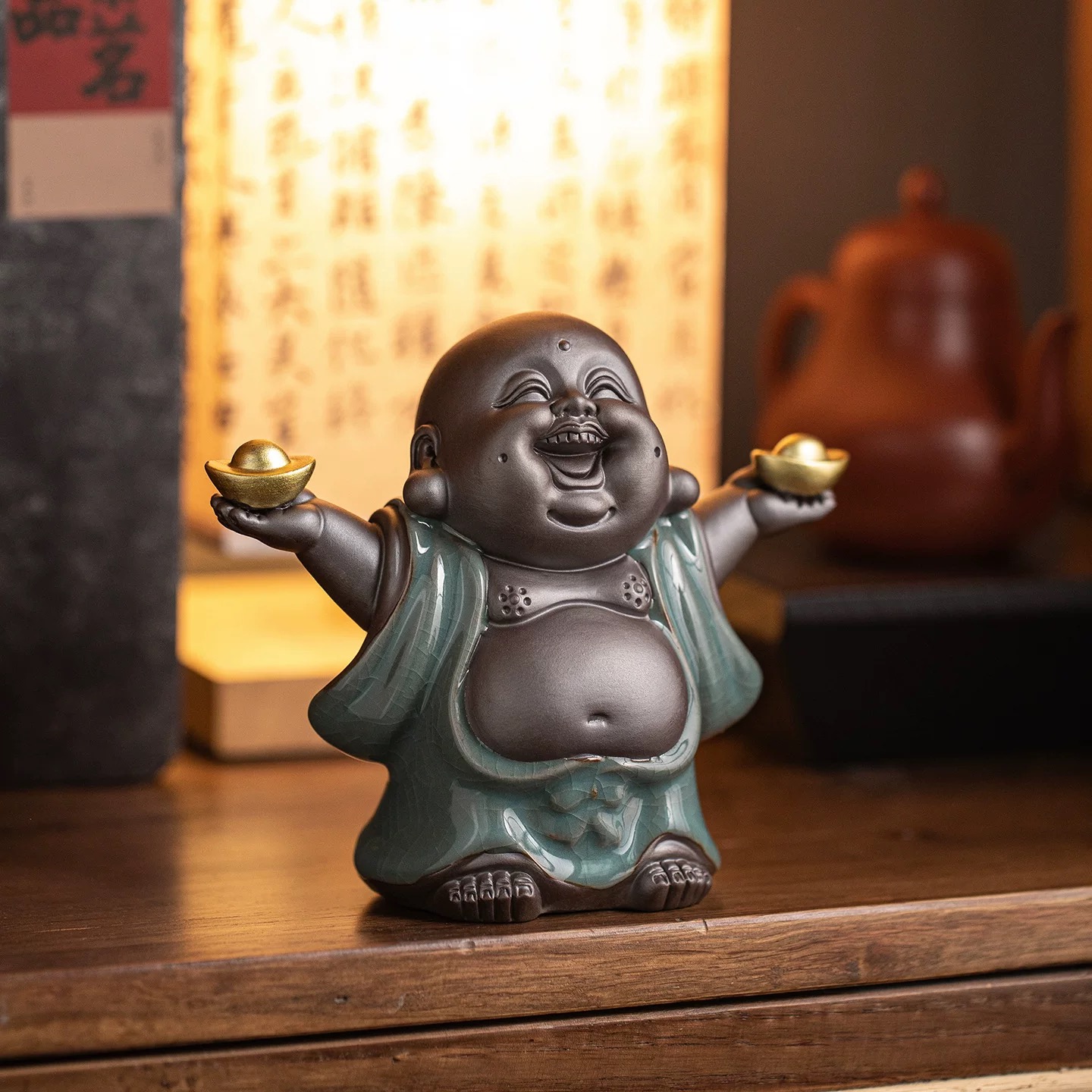 中式大肚弥勒佛茶宠摆件创意家居客厅茶室桌面陶瓷哥窑笑佛装饰