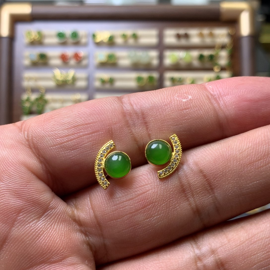 和田玉颈饰银S925镶嵌铃*?碧玉耳钉