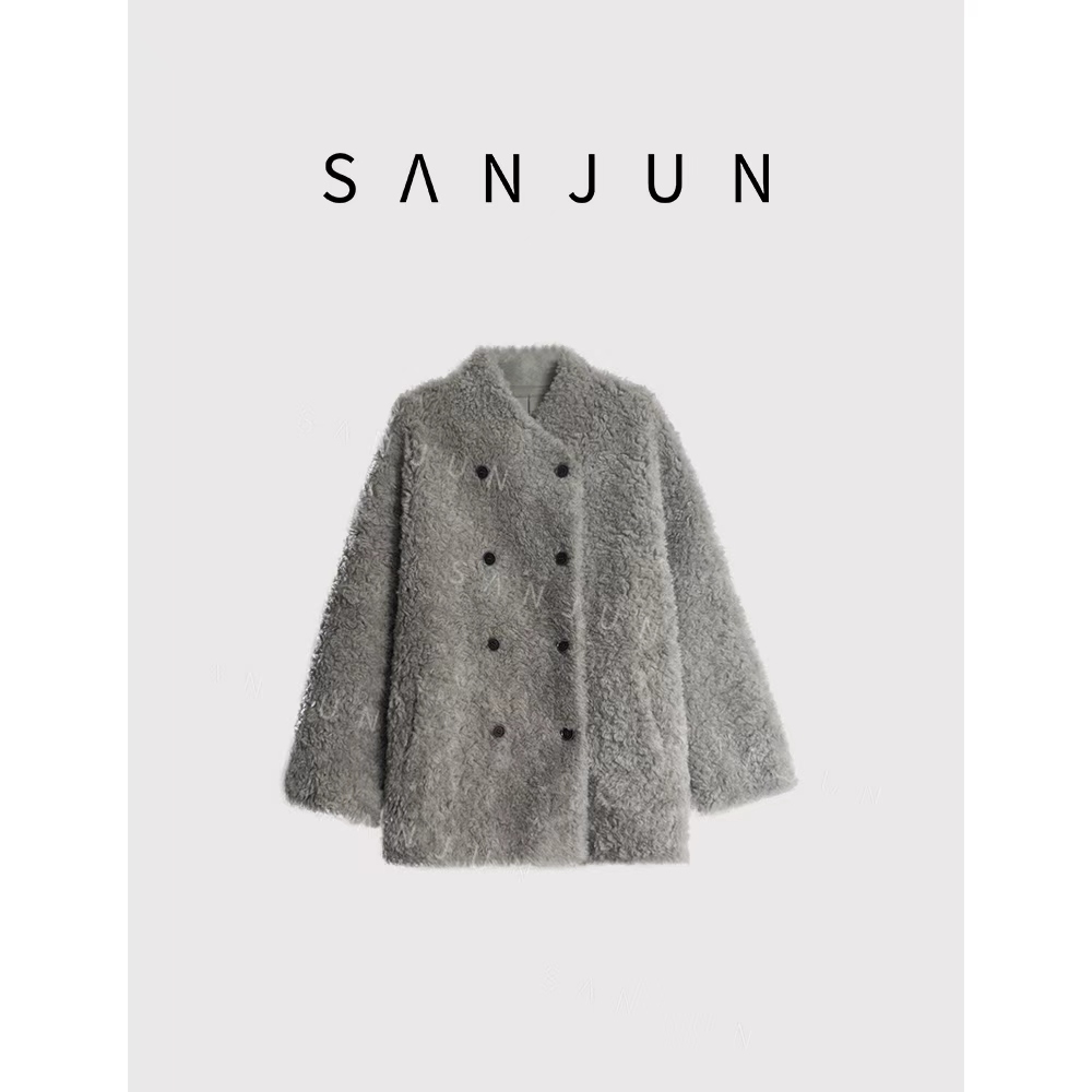 SANJUN【丹麦邂逅】宽松中长款加厚皮毛一体双排扣外套 25653