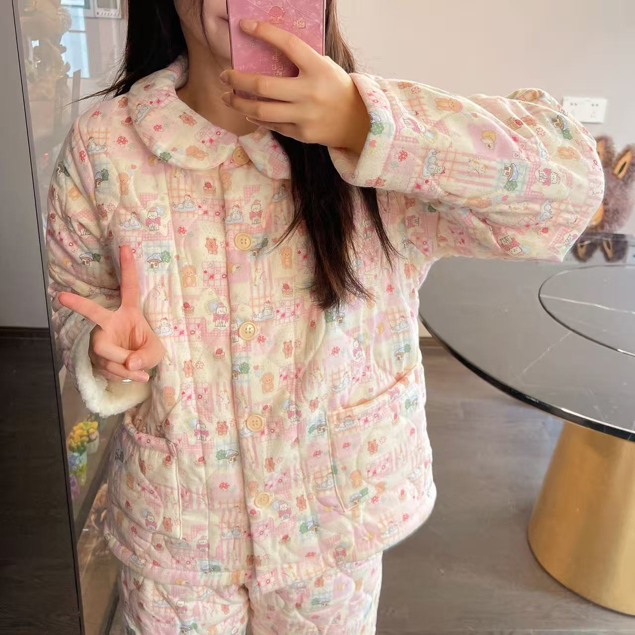 【棉袄套装】2025秋冬棉加绒睡衣保暖加厚可爱居家服女夹层可外穿